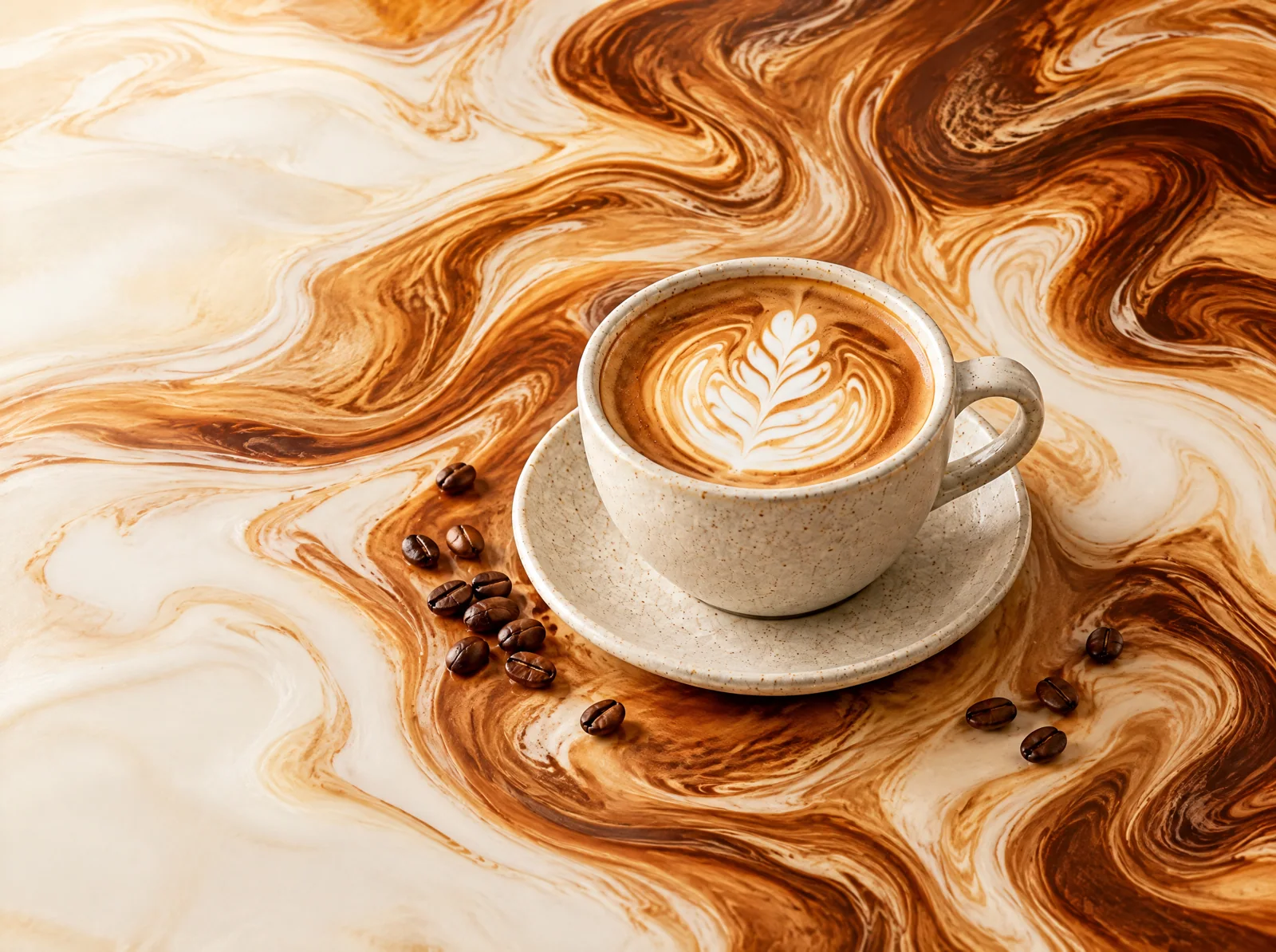 Latte con arte en taza de cerámica sobre remolino de café y leche